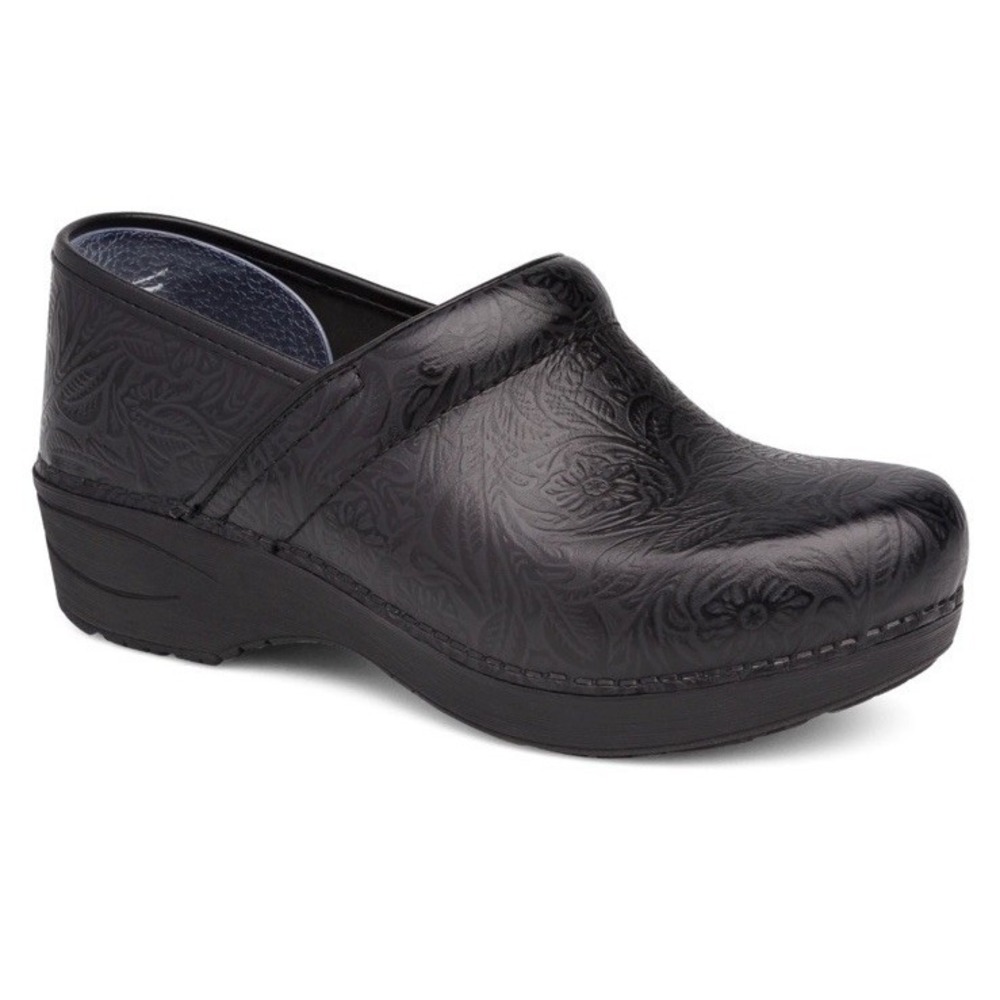 Dansko XP Black‎ Floral Flower Tooled Shoes Size 39 8.5-9 US Clogs Loafers Mules